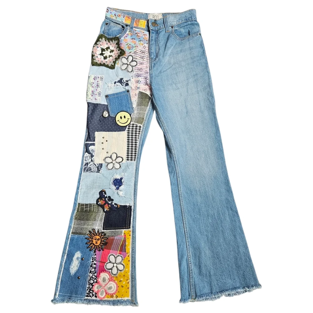 Urban Outfitters BDG Womens High Rise Patchwork Boho Flare Raw Hem Jeans Sz 27 - Picture 2 of 16